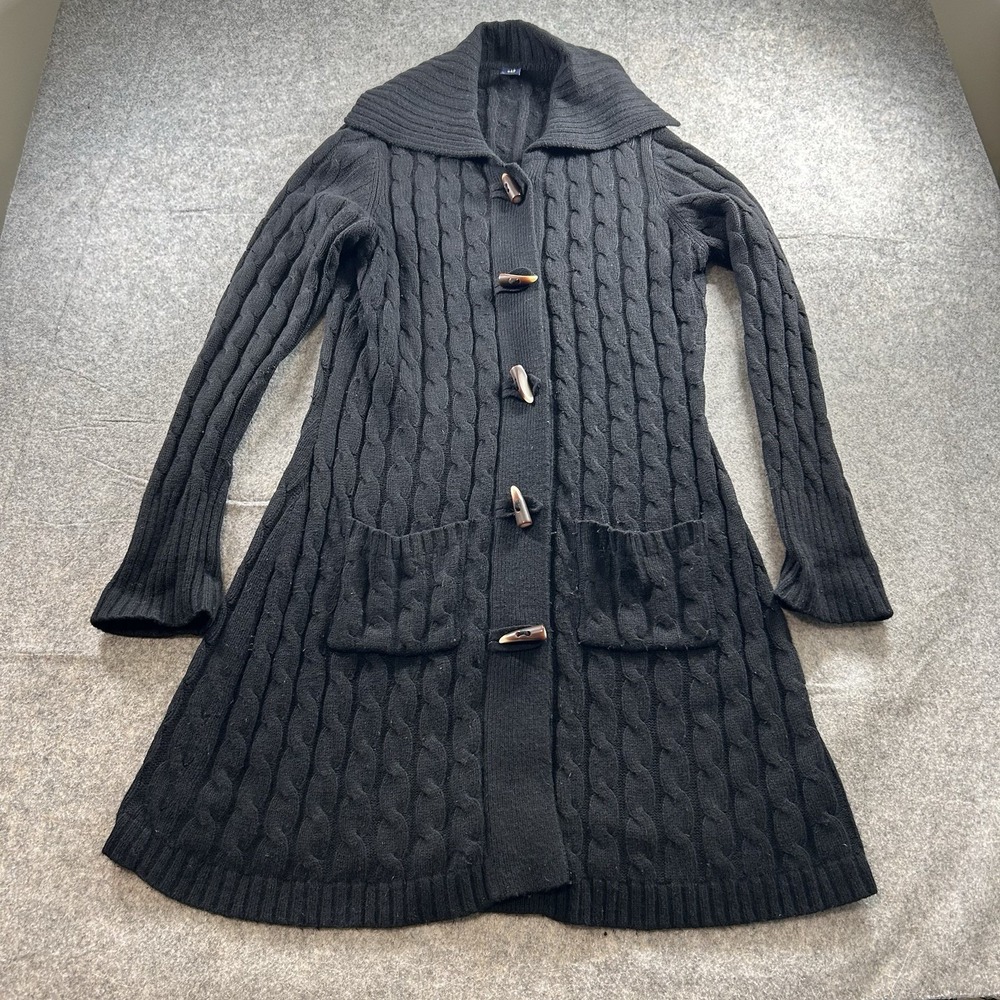 Vintage Gap Sweater Womens Large Cable Knit Black Trench Y2K Toggle Grunge
